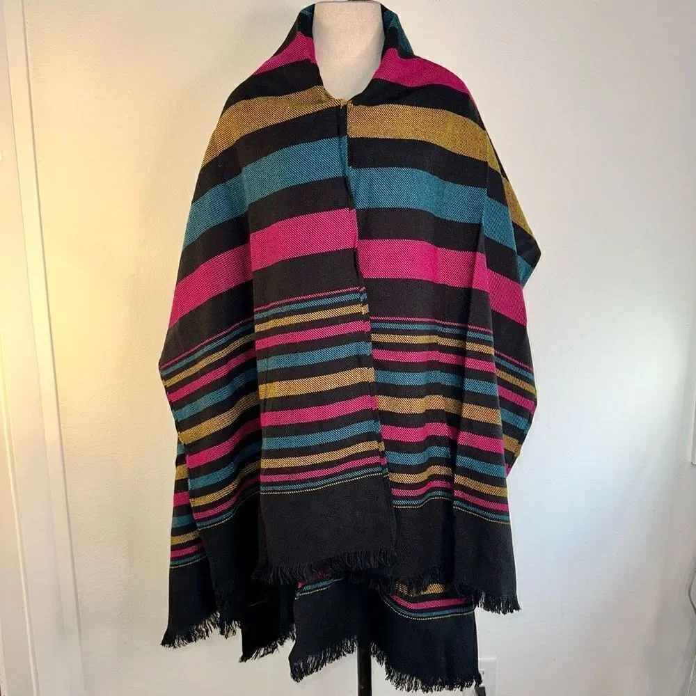 Womens Colorful Woven Striped Sweater Cape‎ Cardigan Fringe Trim Acrylic Boho